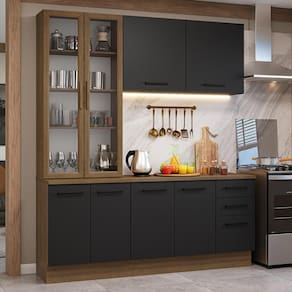 Armário De Cozinha Completa 190cm Com Cristaleira Agata Madesa Rustic Preto