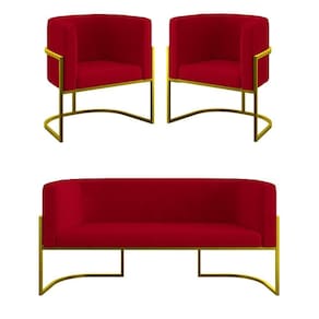 Kit 2 Cadeiras Poltronas + Sofá 2 Lugares Base De Metal DouradoVermelho