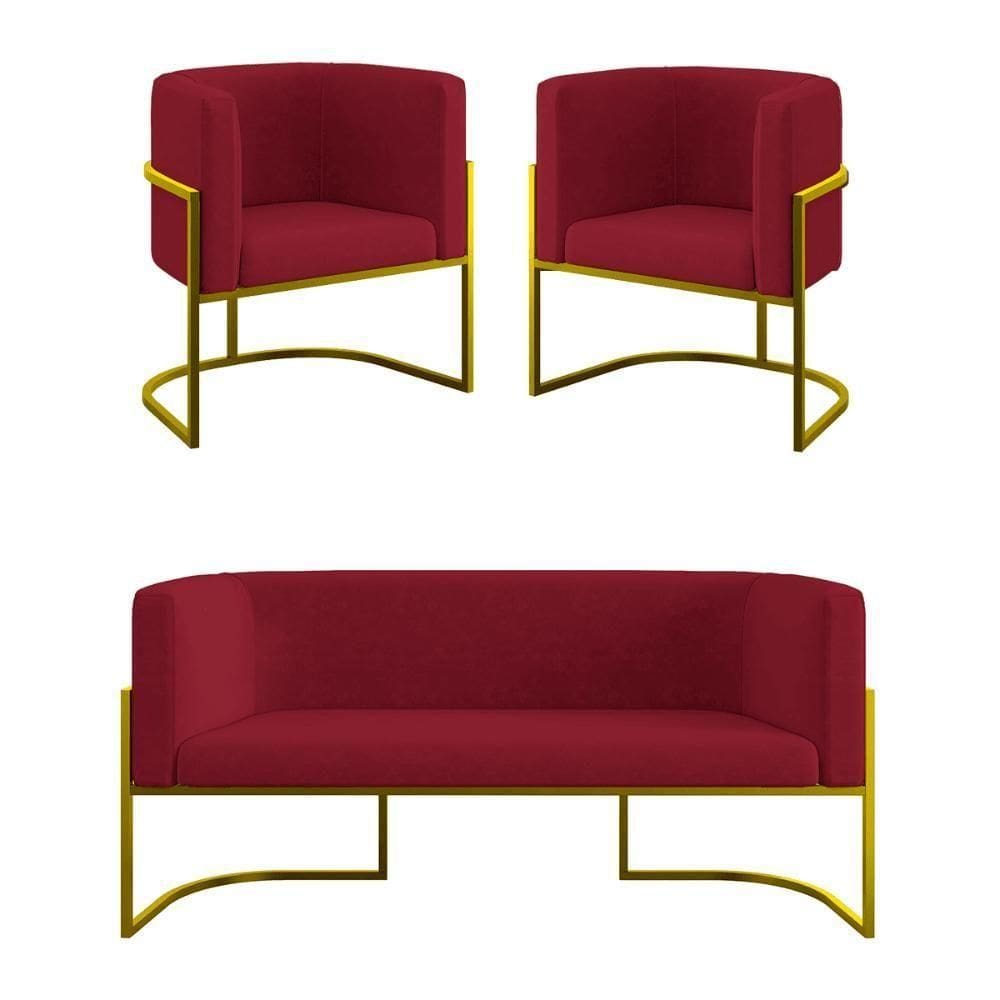 Kit 2 Poltronas + Sofá 2 Lugares Base De Metal Gold Balaqui Marsala