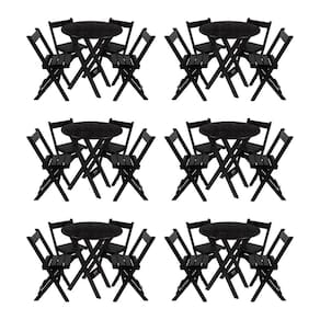 Kit 6 Conjuntos Mesa Redondo 70cm Dobrável Com 4 Cadeiras Em Madeira Maciça - Preto - Preto