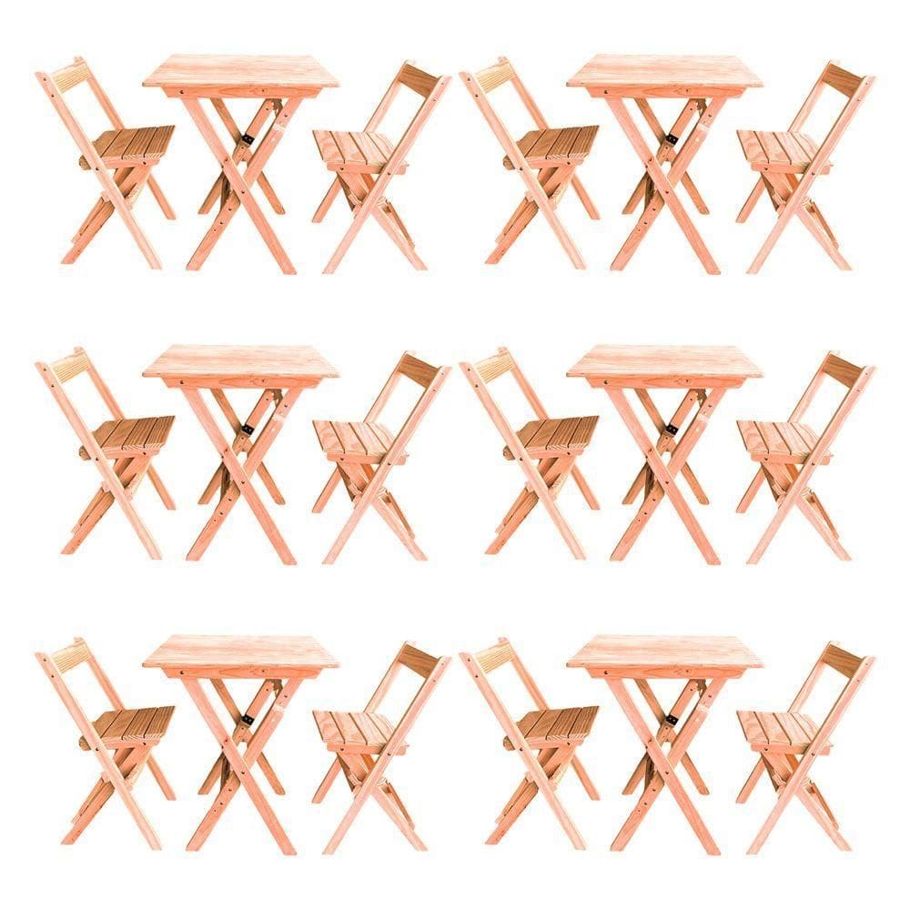 Kit 6 Conjuntos Mesa Dobrável Para Bar E Restaurante 60x60cm Com 2 Cadeiras Em Madeira Maciça - Cru - Bege