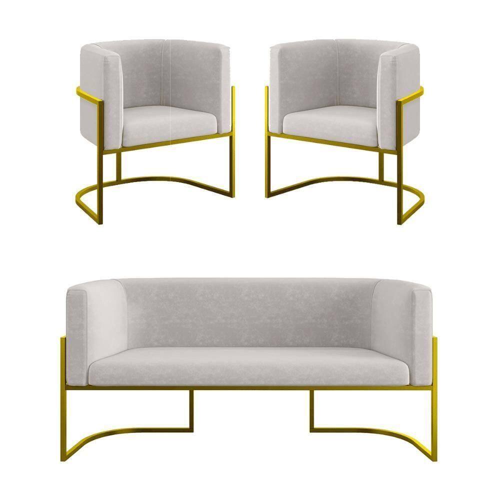 Kit 2 Cadeiras Poltronas + Sofá 2 Lugares Base De Metal Dourado Bege