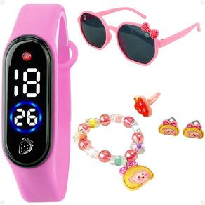 Relógio Led Infantil + Óculos Sol + Anel + Brinco Pulseira