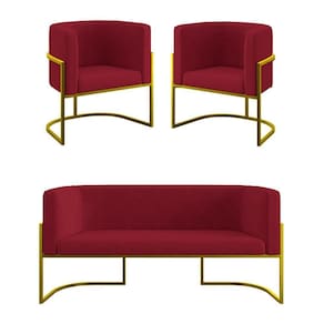Kit 2 Cadeiras Poltronas + Sofá 2 Lugares Base De Metal Dourado Marsala