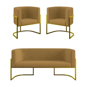 Kit 2 Poltronas + Sofá 2 Lugares Base De Metal Gold Balaqui Capuccino