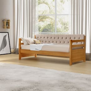 Sofá Cama Solteiro Verona Mona Imbuia Estofado Capitonê Veludo Bege Acompanha 1 Colchão