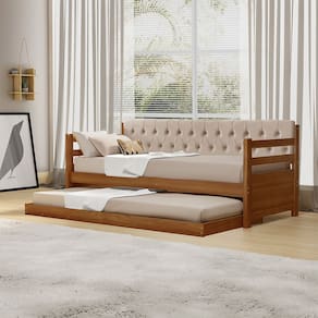 Sofá Cama Solteiro Verona Castanho Estofado Capitonê Veludo Bege com Cama Auxiliar