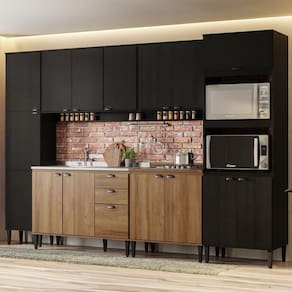 Armário De Cozinha Completa C/ Balcão Lótus Look Carraro Freijó Com Preto Touch