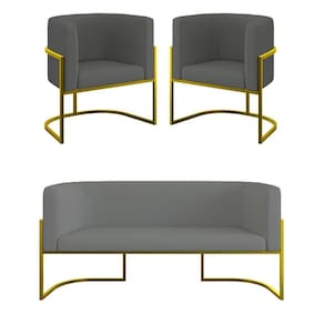 Kit 2 Cadeiras Poltronas + Sofá 2 Lugares Base De Metal Veludo Cinza