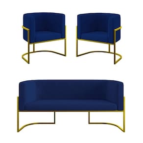 Kit 2 Cadeiras Poltronas + Sofá 2 Lugares Base De Metal Dourado Azul Marinho