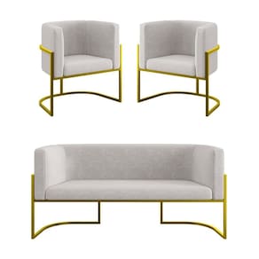 Kit 2 Poltronas + Sofá 2 Lugares Base De Metal Gold Balaqui Bege