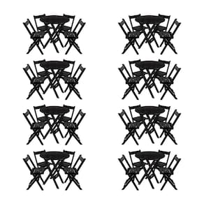Kit 8 Conjuntos Mesa Redondo 70cm Dobrável Com 4 Cadeiras Em Madeira Maciça - Preto - Preto