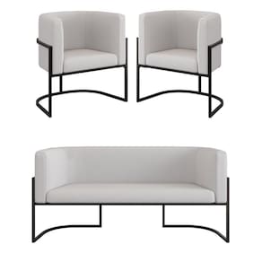 Kit 2 Cadeiras Poltronas + Sofá 2 Lugares Base De Metal Preto Veludo Bege