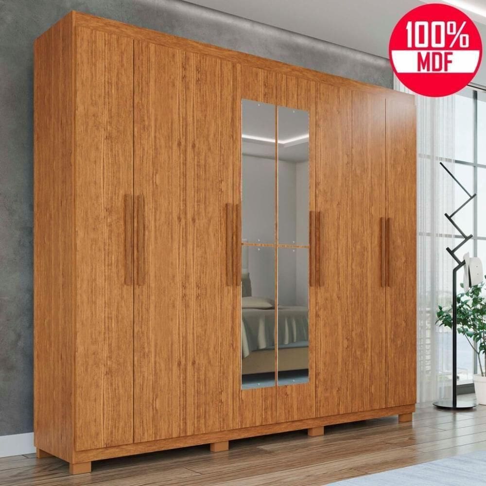 Guarda-roupa Casal 100% Mdf 8 Portas E 4 Gavetas Heros Com Espelho- Tudo De Móveis Cinamomo/off