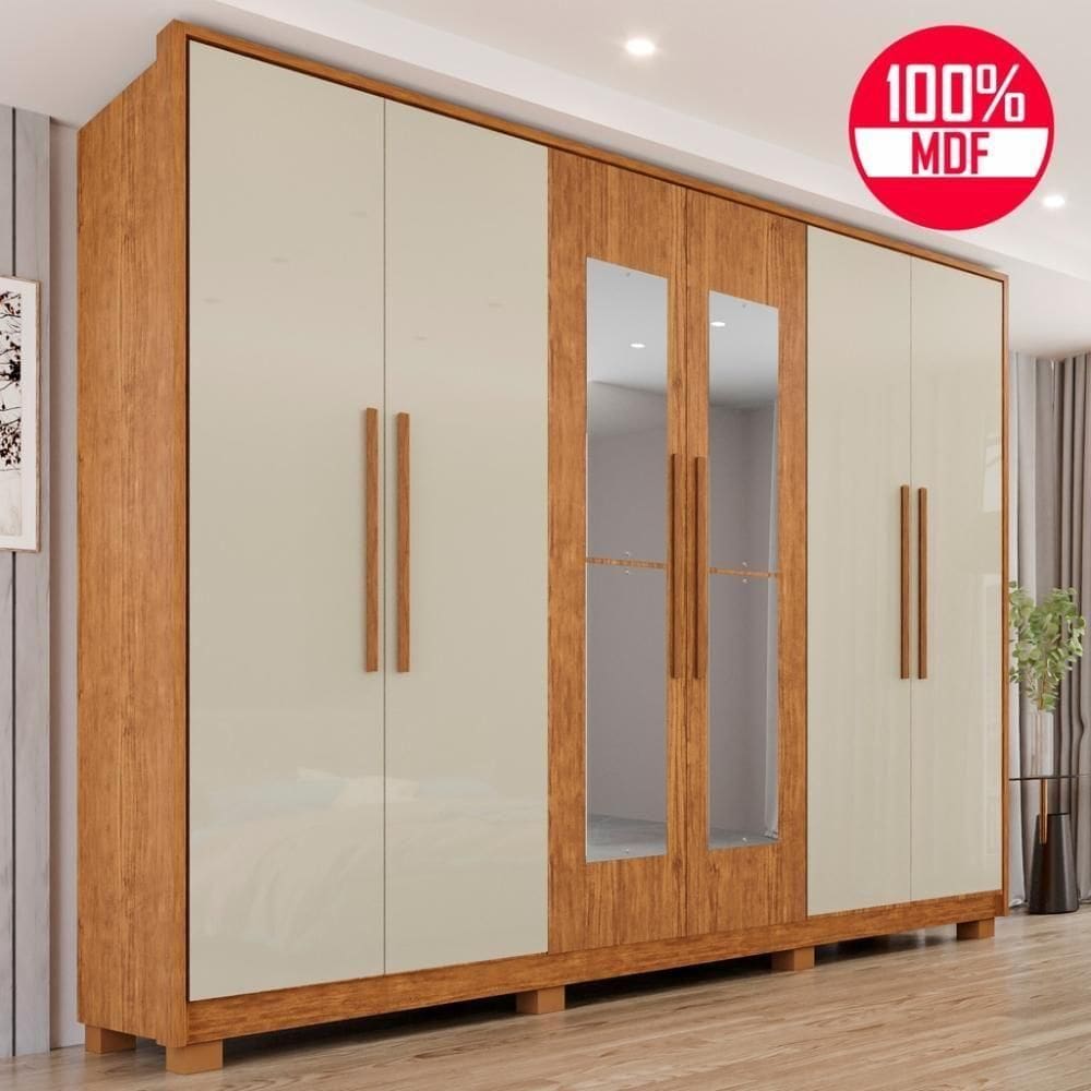Guarda-roupa Casal 100% Mdf 6 Portas E 6 Gavetas Premium Com Espelho - Tudo De Móveis Off/cinamomo