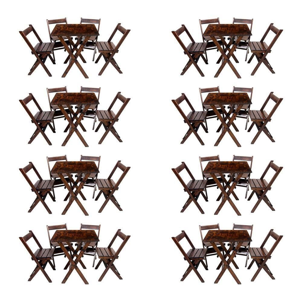 Kit 8 Conjuntos De Mesa Dobrável 60x60cm Com 4 Cadeiras Em Madeira Maciça - Imbuia - Marrom