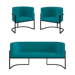 Kit 2 Cadeiras Poltronas + Sofá 2 Lugares Base De Metal Preto Azul Turquesa