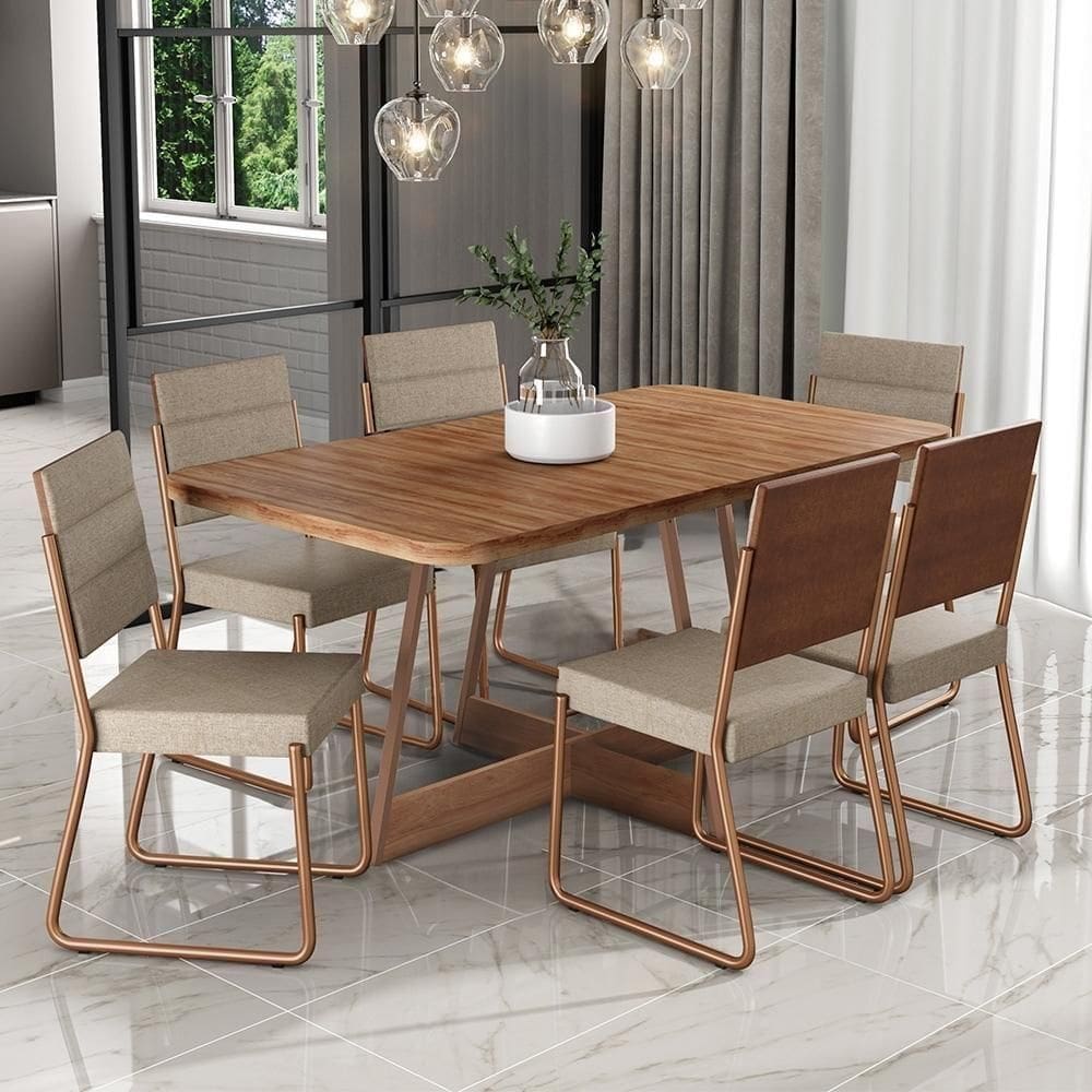 Conjunto Sala De Jantar 6 Cadeiras Charlotte Carraro Nogal Com Rose