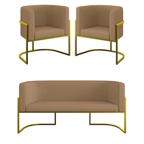 Kit 2 Cadeiras Poltronas + Sofá 2 Lugares Base De Metal Veludo Capuccino