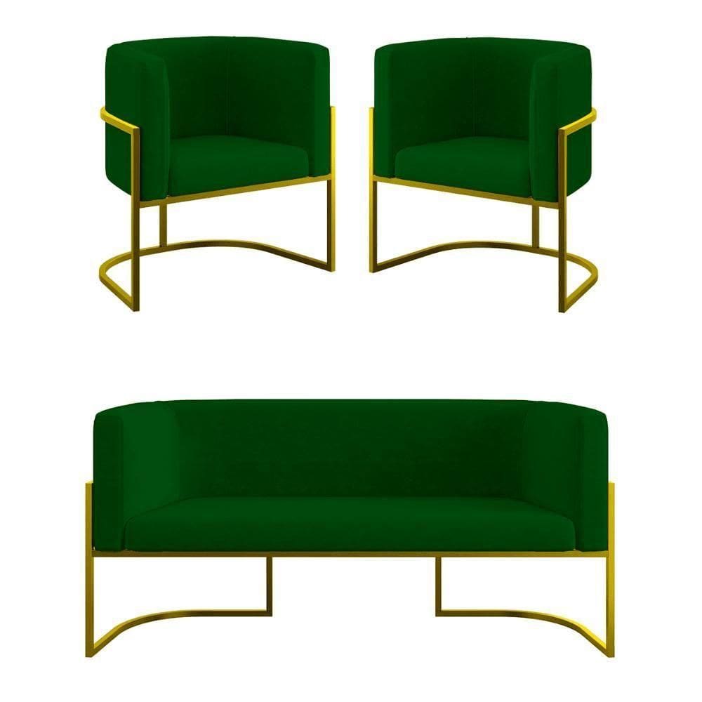 Kit 2 Poltronas + Sofá 2 Lugares Base De Metal Gold Balaqui verde Verde