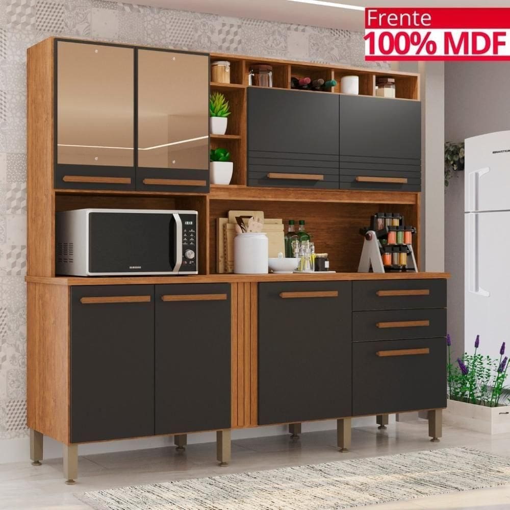 Cozinha 8 Portas 2 Gavetas Aurora Com Espelho - Tudo De Móveis Cinamomo/grafite
