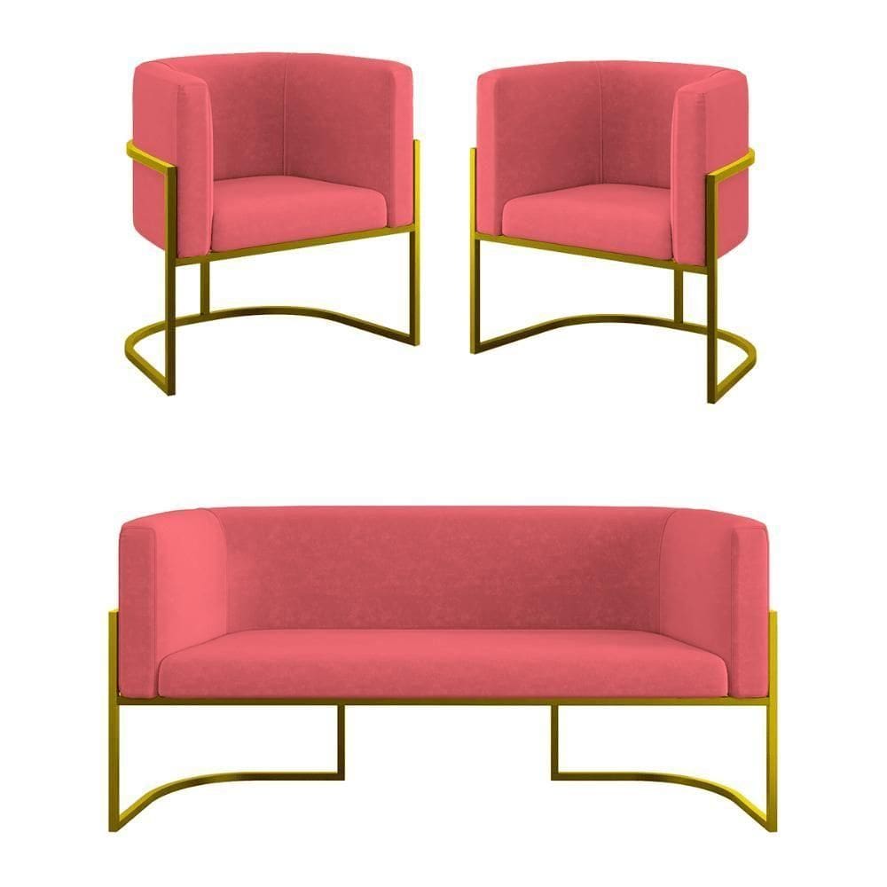 Kit 2 Poltronas + Sofá 2 Lugares Base De Metal Gold Balaqui rosa Rosa