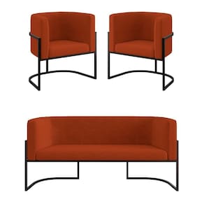 Kit 2 Cadeiras Poltronas + Sofá 2 Lugares Base De Metal PretoTerracota