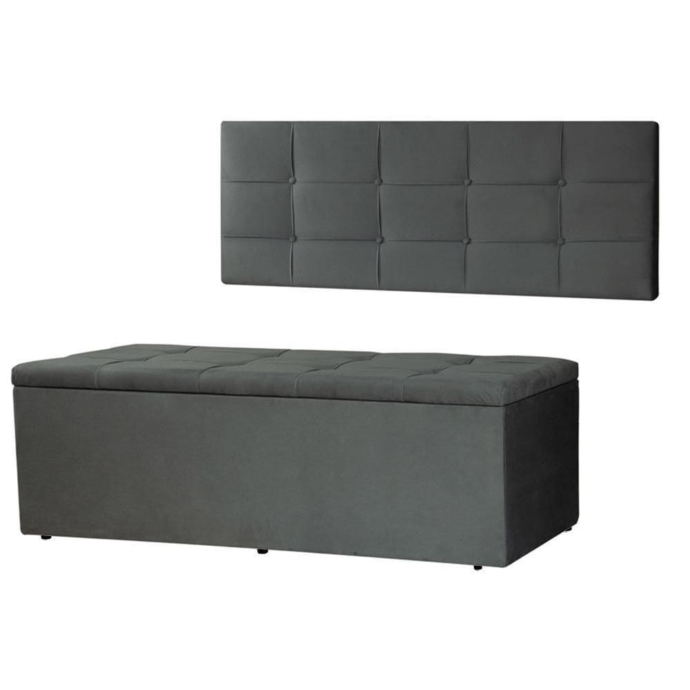 Kit Cabeceira Painel E Calçadeira Baú Queen 1,60m Roma Suede Cinza Sky Mobile