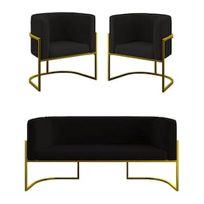 Kit 2 Cadeiras Poltronas + Sofá 2 Lugares Base De Metal Dourado Preto