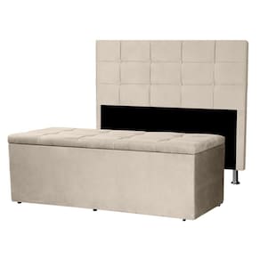 Kit Cabeceira E Calçadeira Baú King 1,95m Roma Suede Bege Sky Mobile