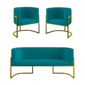 Kit 2 Poltronas + Sofá 2 Lugares Base De Metal Gold Balaqui Azul Turquesa