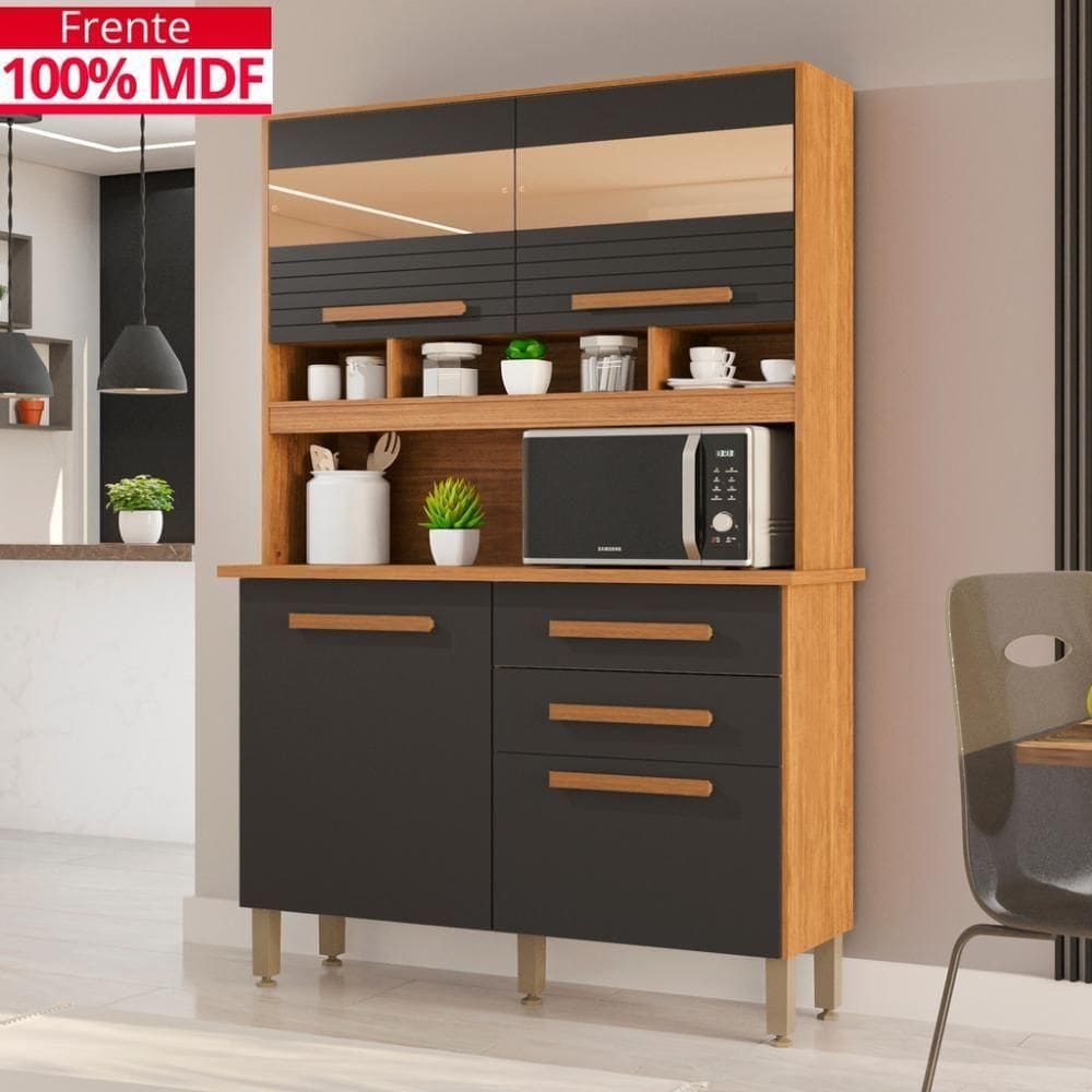 Cozinha 4 Portas 2 Gavetas Sara Frison Com Espelhos - Tudo De Móveis Cinamomo/grafite