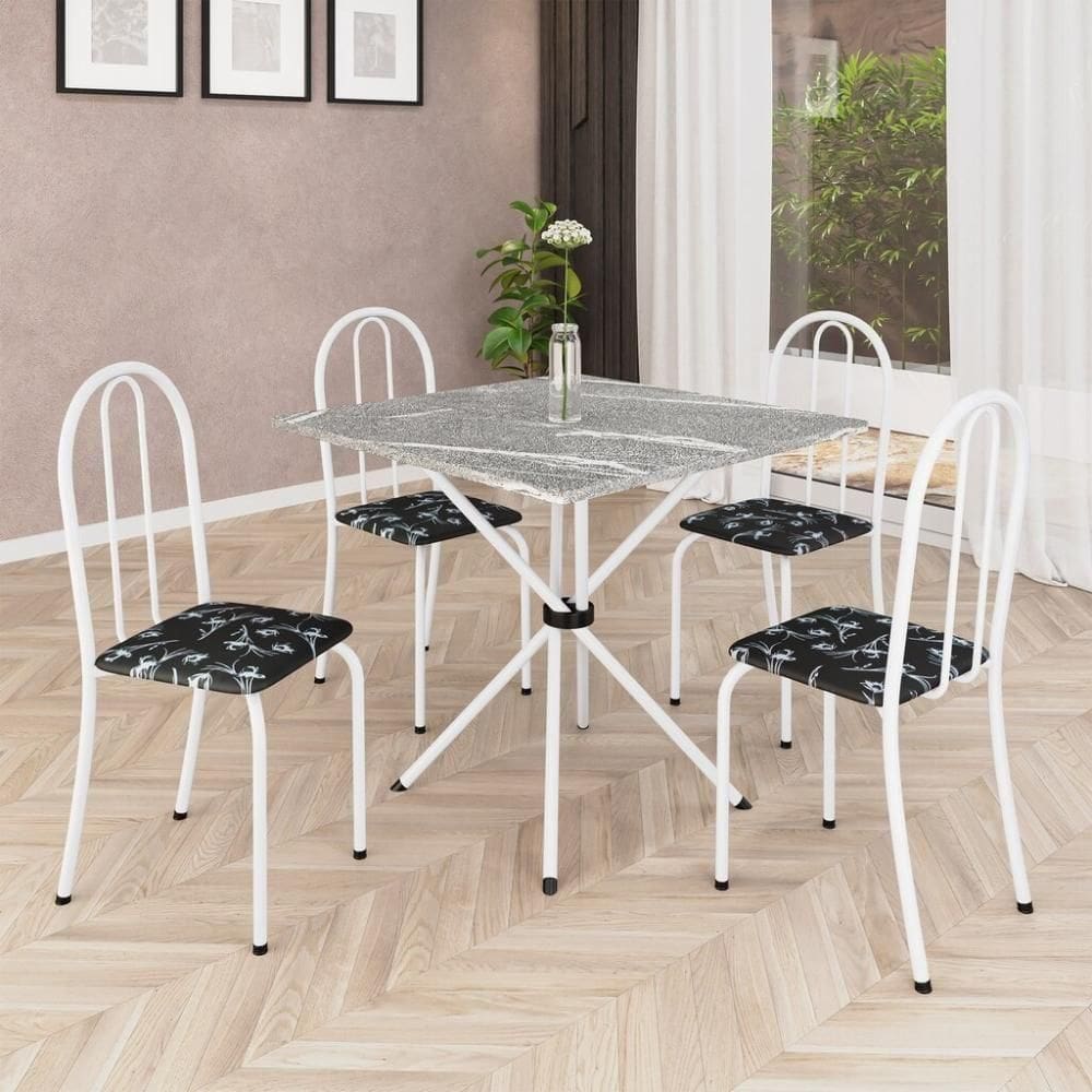 Conjunto De Mesa Tubular 70x70cm Com Tampo Em Granito Topázio Com 4 Cadeiras Analy 048