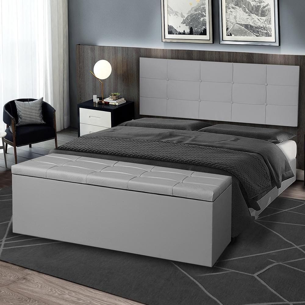 Kit Cabeceira Painel E Calçadeira Baú Solteiro 0,90m Roma Material Sintético Cinza Sky Mobile