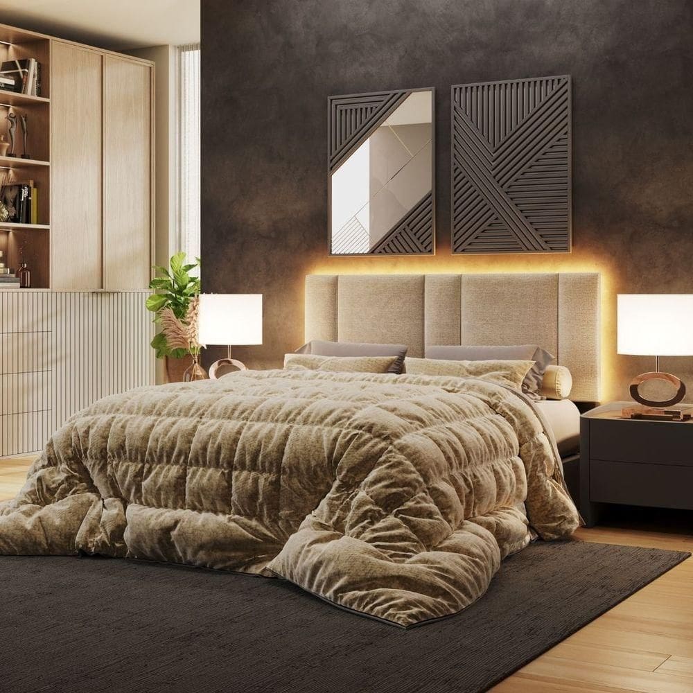 Cabeceira Estofada Cama Casal Queen Size Led Splend 160 Cm Veludo Bege