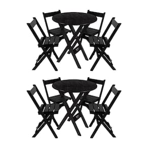 Kit 2 Conjuntos Mesa Redondo 70cm Dobrável Com 4 Cadeiras Em Madeira Maciça - Preto - Preto