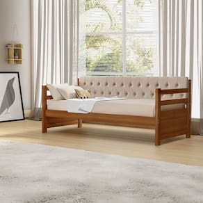 Sofá Cama Solteiro Verona Mona Castanho Estofado Capitonê Veludo Bege Acompanha 1 Colchão