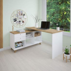 Escrivaninha Mesa Em L Escritório Com Gavetas E Nichos Gold Olmo-branco