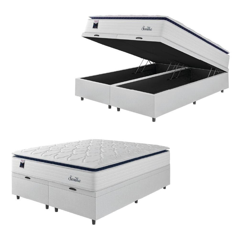 Cama Box Baú Casal King Colchão Molas Ensacadas Com Pillow Sevilha 193x203x74cm Branco/cinza Hellen