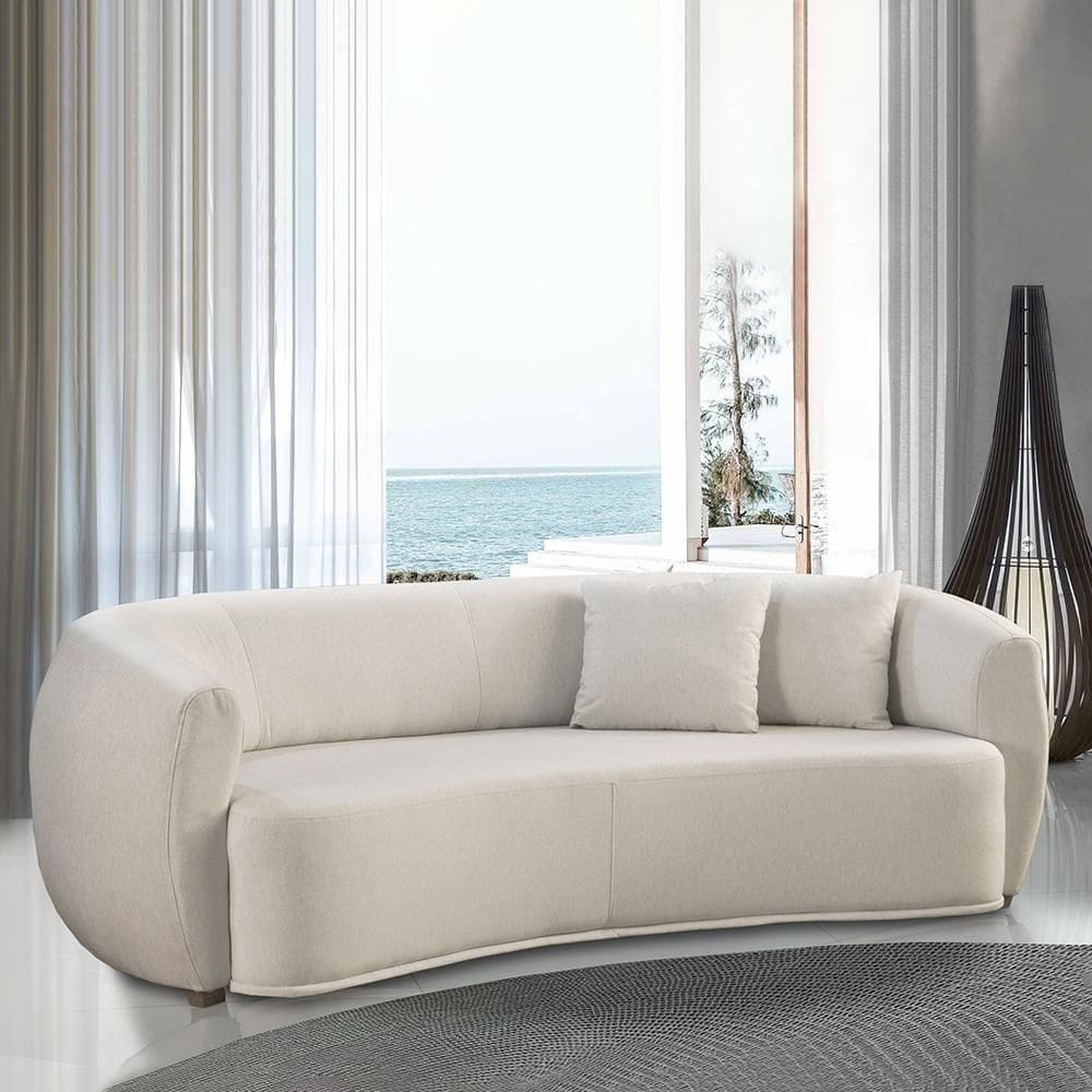 Sofá Decorativo Sala De Estar Curvo Esther 3 Lugares 210cm Com Almofadas Linho Off White