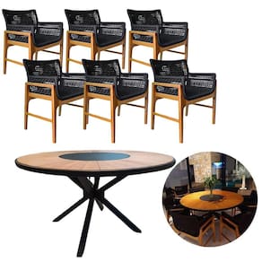 Jogo de Mesa Jantar 1,50m Madeira Giratória e 6 Poltronas Tokyo Corda Náutica Nossa Kasa Preto