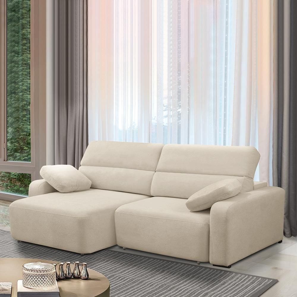 Sofá Decorativo Sala De Estar ícaro 3 Lugares 260cm Reclinável E Retrátil Bouclê Bege Claro