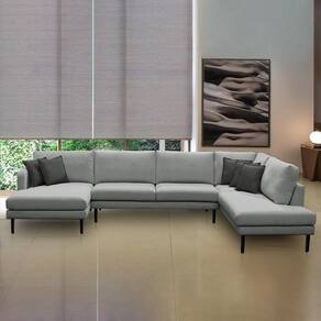 Sofá Decorativo Sala De Estar Osaka 340cm Modulado Em U Com Almofadas Pés Em Madeira Linho Cinza
