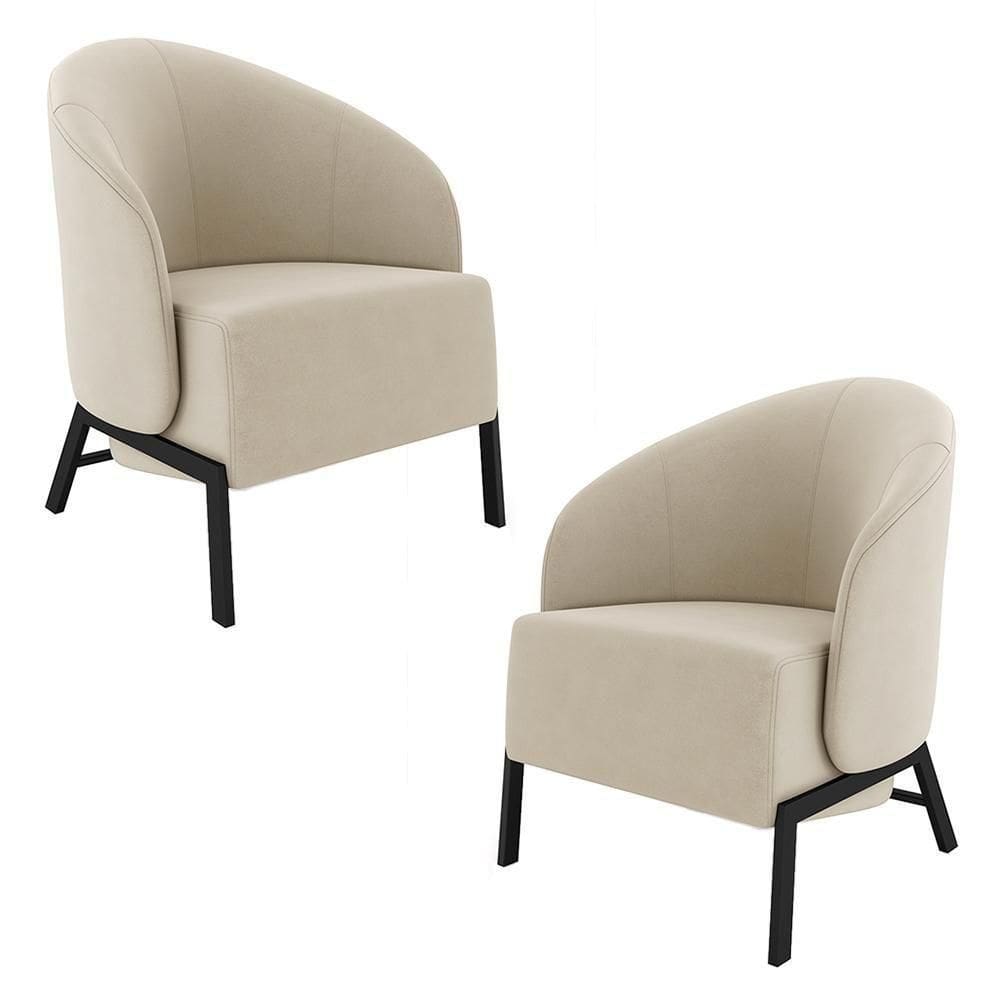 Kit 2 Poltronas Decorativa Sala De Estar Kenya Pés Em Ferro Veludo Preto/bege G33 - Gran Belo
