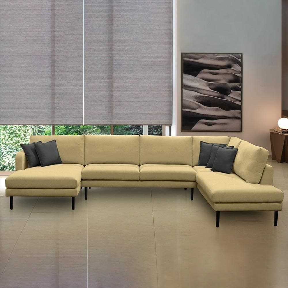Sofá Decorativo Sala De Estar Osaka 310cm Modulado Em U Com Almofadas Pés Em Madeira Linho Bege