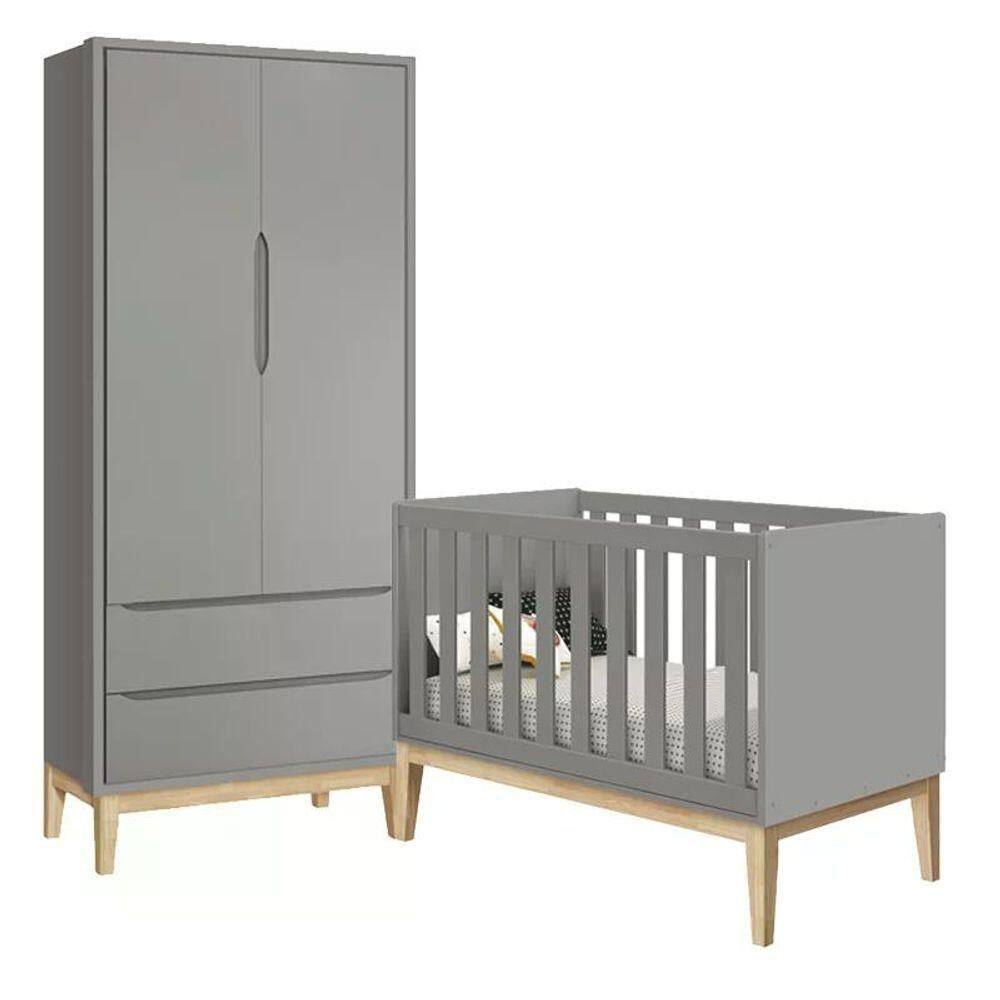 Jogo De Quarto Classic Guarda Roupa 2 Portas E Berço Cinza Fosco Com Pés Madeira Natural - Reller Móveis Cinza Fosco - Cinza
