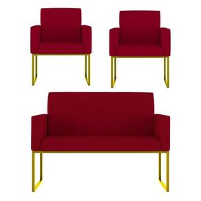 Kit 2 Poltronas + Namoradeira 2 Lugares Recepção Base Dourada Vermelho