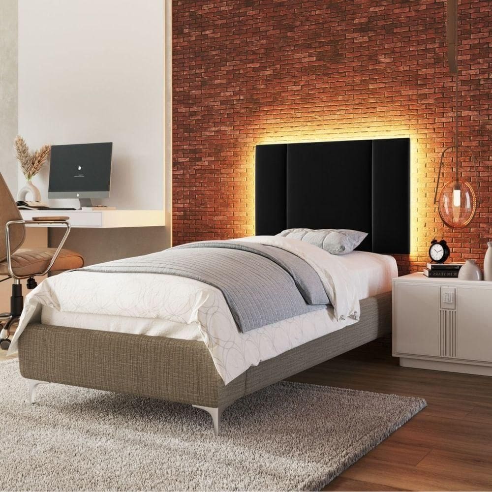 Cabeceira Estofada Cama Box Solteiro Com Led Splend 90 Cm Veludo Preto
