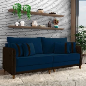 Sofá Living Montecarlo 3 Lugares Bipartido 232cm Pés Em Madeira Veludo-pu Azul-marrom G33 Gran Belo