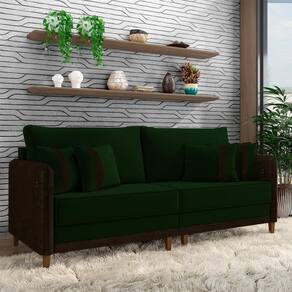 Sofá Living Montecarlo 3 Lugares Bipartido 232cm Pés Em Madeira Veludo-pu Verde-marrom G33 Gran Belo